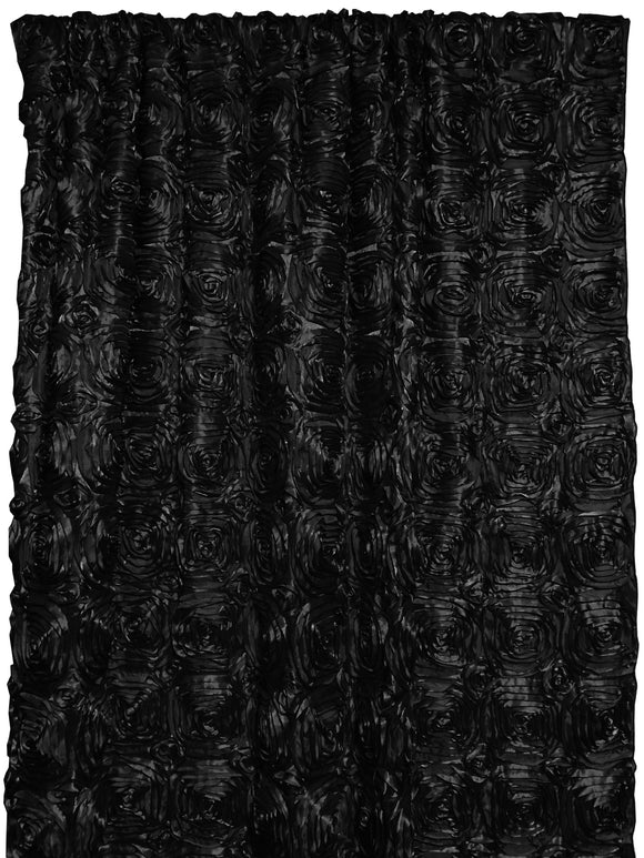 Satin Rosette 3D Pop up Flower Single Curtain Panel 54 Inch Wide Black