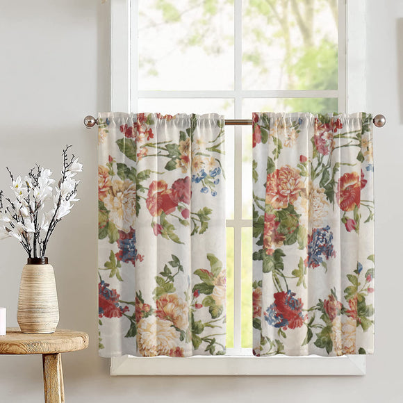 Cotton Geraniums and Azaleas Floral Mix Print Café Tier Curtains Window Treatment Kitchen Home Décor