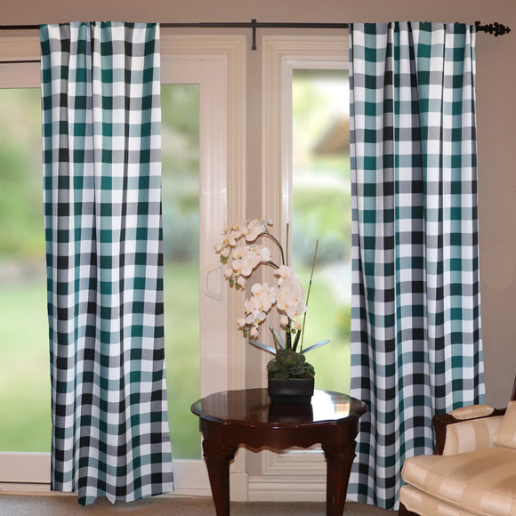 Poplin Buffalo Checkered Window Curtain 56 Inch Wide Black Hunter Green and White