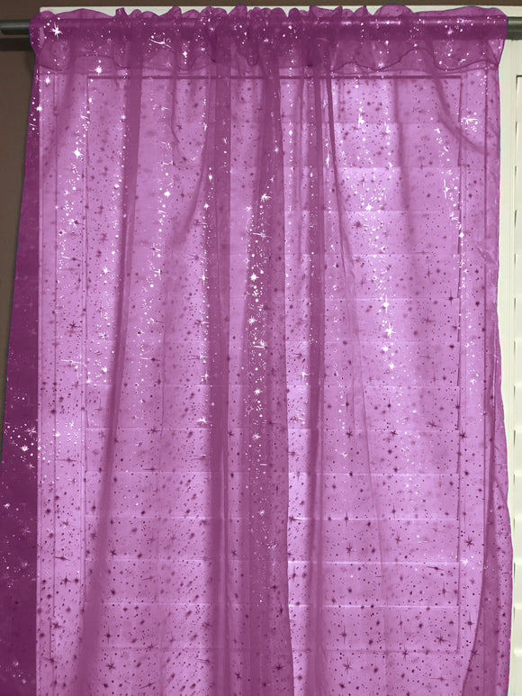 Silver Stars on Sheer Tinted Organza Solid Single Curtain Panel 58 Inch Wide Magenta