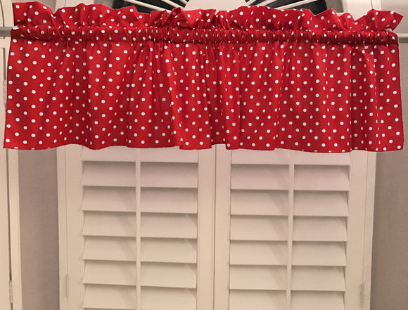 Cotton Window Valance Polka Dots Print 58 Inch Wide / Small Dots White on Red