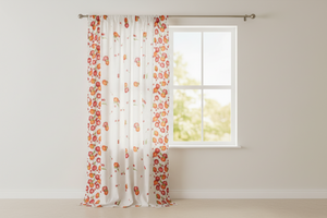 Cotton Curtain Fruits Print 58 Inch Wide Apples and Cherries Border - White