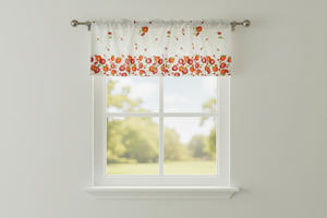 Cotton Window Valance Fruits Print 58 Inch Wide Falling Apples and Cherries - White