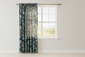 Cotton Curtain Floral Print 56 Inch Wide Roses Allover - Blue on Black