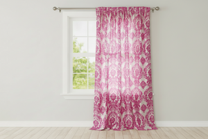 Flocking Damask Taffeta Window Curtain 56 Inch Wide - Fuchsia on White