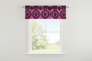 Flocked Damask Window Valance 58" Wide - Black on Fuchsia