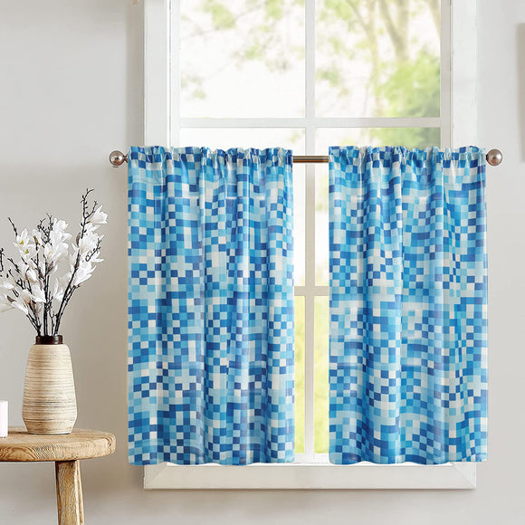 Poplin Pixelated Squares Café Tier Curtains Window Treatment Kitchen Home Décor