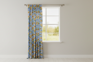 Cotton Curtain Floral Print 58 Inch Wide Sunflower Tavern Checkered - Blue