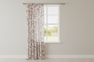 Cotton Curtain Floral Print 58 Inch Wide Vintage Floral Large Roses - Magenta on White