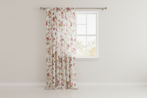 Cotton Curtain Floral Print 58 Inch Wide Vintage Floral Large Roses - Red on White