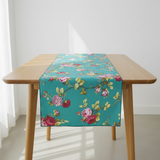 Cotton Print Table Runner Floral Vintage Flowers - Teal