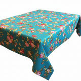 Cotton Tablecloth Floral Print Vintage Floral Large Roses - Teal Blue