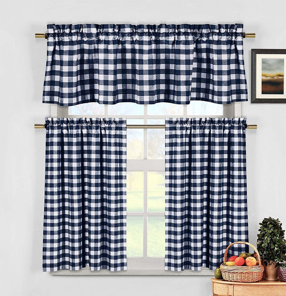 Cotton Gingham Checkered 3 Piece Window Valance Curtain Set (16 Colors ...