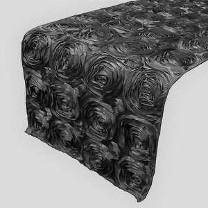 Satin Rosette Table Runner Raised Roses Charcoal Grey