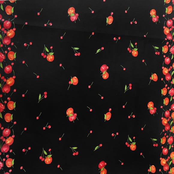 Cotton Curtain Fruits Print 58 Inch Wide Apples and Cherries Border Black