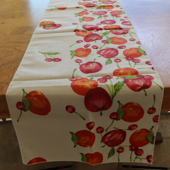 Cotton Print Table Runner Fruits Apples and Cherries Border White