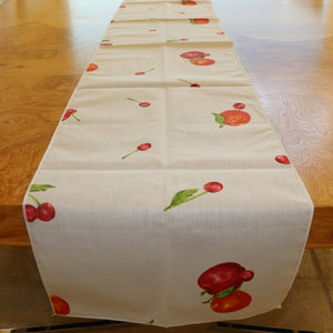 Cotton Print Table Runner Fruits Apples and Cherries Spread White