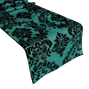 Flocked Damask Table Runner - Aqua Green