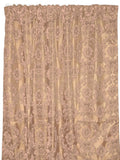 A beige window curtain with a flocked damask pattern, displayed on a white background.