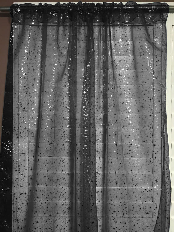 Silver Stars on Sheer Tinted Organza Solid Single Curtain Panel 58 Inch Wide Black