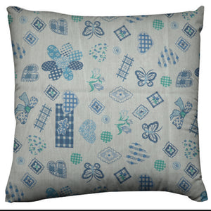 Cotton Floral Quilted Butterflies Flowers and Hearts Throw Pillow/Sham Cushion Cover - Blue