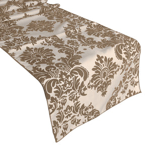 Flocked Damask Table Runner - Brown on Ivory