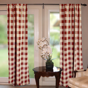 Poplin Buffalo Checkered Window Curtain 56 Inch Wide - Burgundy and Beige