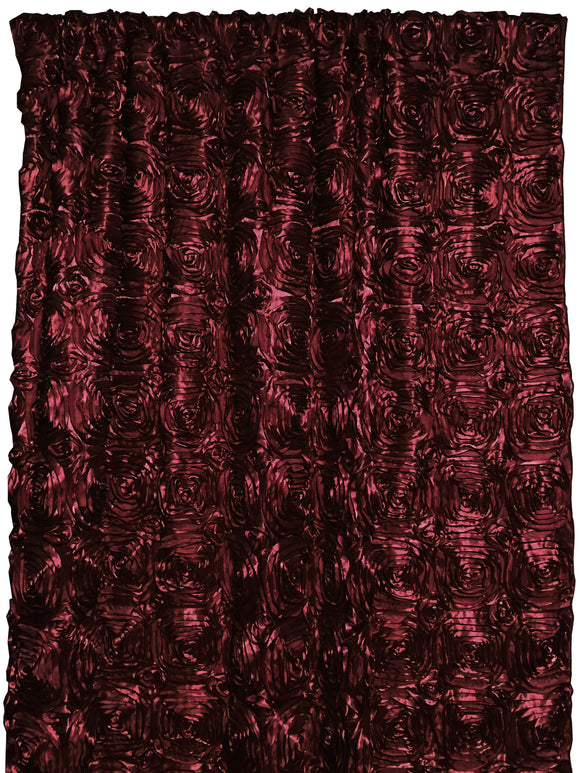 Satin Rosette 3D Pop up Flower Single Curtain Panel 54 Inch Wide Burgundy