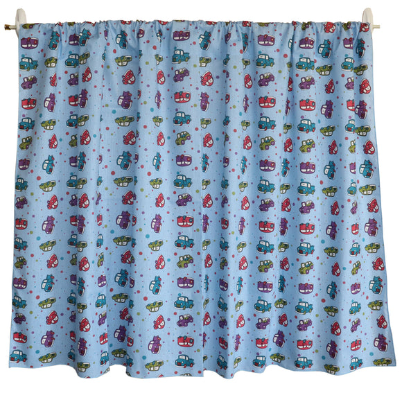 Cotton Curtain Automobile Print 58 Inch Wide Cars and Trucks Blue
