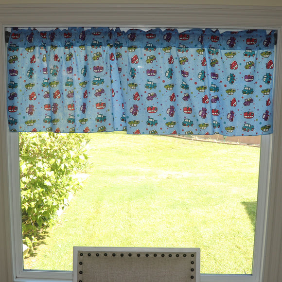 Cotton Window Valance Automobile Print 58 Inch Wide Cars and Trucks Blue