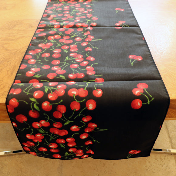 Cotton Print Table Runner Fruits Cherries Border Black