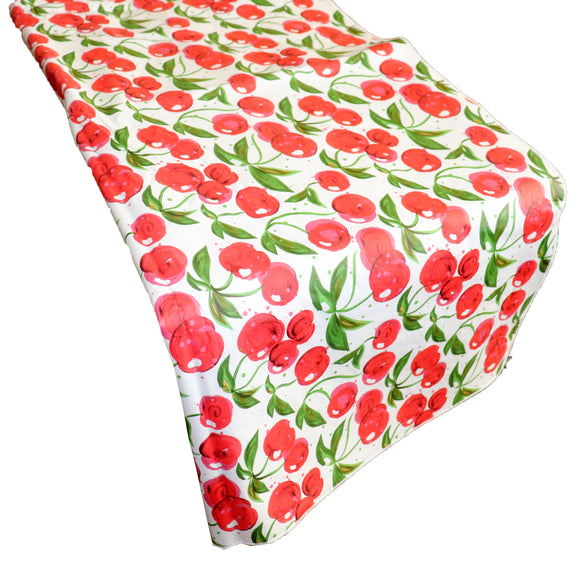 Plastic Table Runner Non-Slip Flannel Backing - Cherries