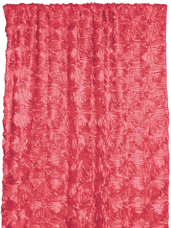 Satin Rosette 3D Pop up Flower Single Curtain Panel 54 Inch Wide Coral