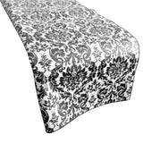 Plastic Table Runner Non-Slip Flannel Backing - Damask Black White