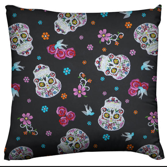 Halloween Themed Decorative Throw Pillow/Sham Cushion Cover Day of the Dead Glitter Sugar Skulls and Flowers