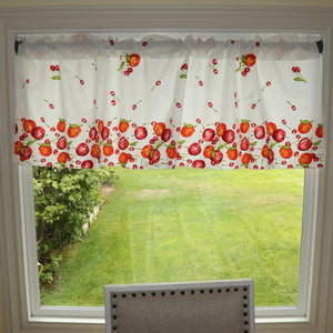 Cotton Window Valance Fruits Print 58 Inch Wide Falling Apples and Cherries - White