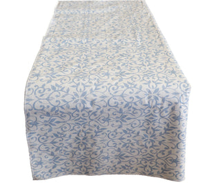 Plastic Table Runner Non-Slip Flannel Backing - Floral Vines Blue
