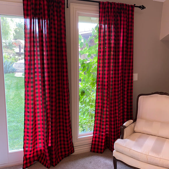 Poplin Gingham Checkered Window Curtain 56 Inch Wide Black and Red