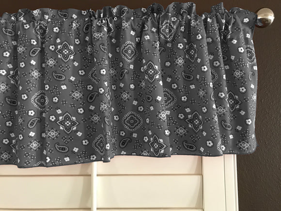 Cotton Window Valance Floral Paisley Bandanna Print 58 Inch Wide Charcoal Grey