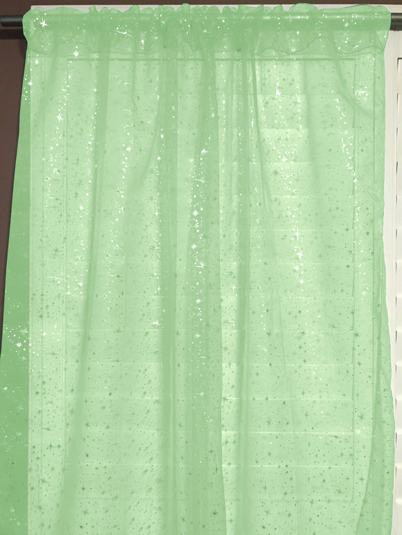 Silver Stars on Sheer Tinted Organza Solid Single Curtain Panel 58 Inch Wide Green