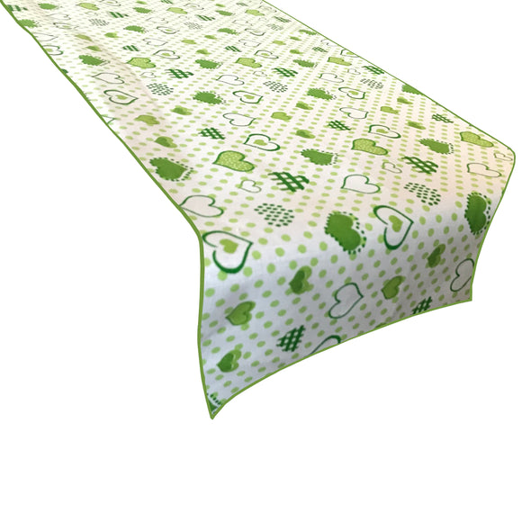 Cotton Print Table Runner Floral Hearts and Dots Green