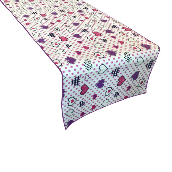 Cotton Print Table Runner Floral Hearts and Dots Purple