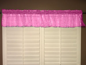 Silver Stars on Sheer Organza Tinted Window Valance 58" Wide Hot Pink