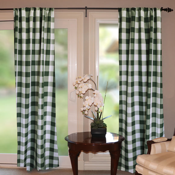 Poplin Buffalo Checkered Window Curtain 56 Inch Wide Hunter Green and White