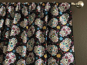 100% Cotton Window Valance 42" Wide Day of the Dead Sugar Skulls Black