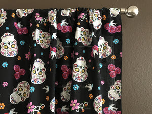 100% Cotton Window Valance 42" Wide Day of the Dead Glitter Sugar Skulls with Flowers