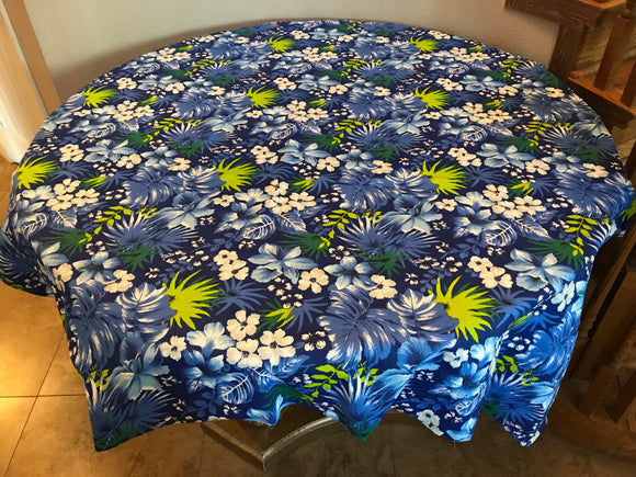 Cotton Tablecloth Floral Print Tropical Hawaiian Royal Blue