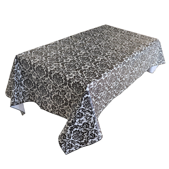 Floral Damask Black/White PVC Plastic Tablecloth / Table Cover with Nonslip Flannel Backing