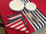 Table Set 4th of July Decor includes 1 Solid Red Tablecloth, a Set of Napkins (half red/white stripe and half navy blue star) and 1 Table Runner of your Choice