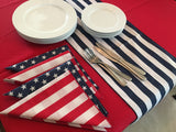 Table Set 4th of July Decor includes 1 Solid Red Tablecloth, a Set of Napkins (half red/white stripe and half navy blue star) and 1 Table Runner of your Choice